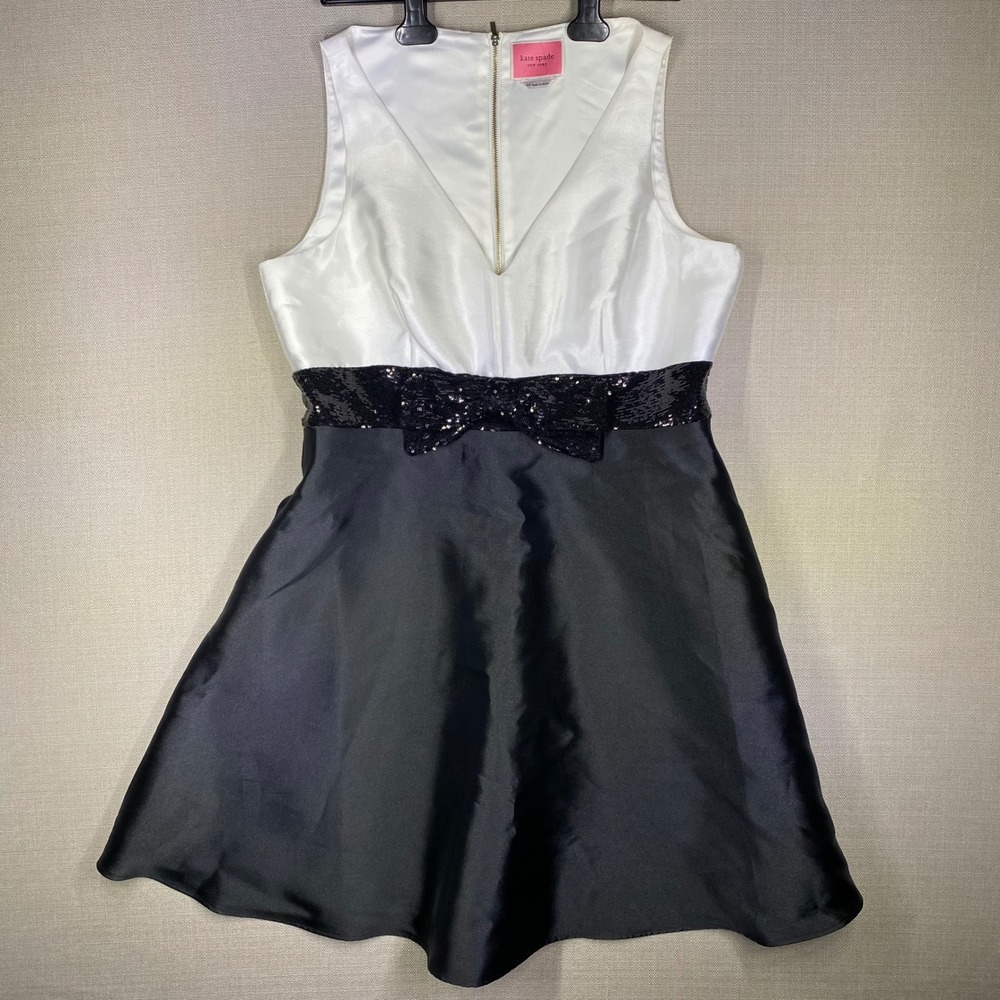 Kate Spade Colorblock Sequin Bow Fit and Flare Dress Black White Womens 14